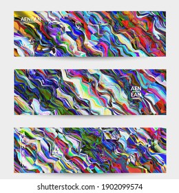 Abstract vector banner template. Watercolor texture vibrant colored background. Visual computer filtered gradient wavy diagonal lines. Dynamic paint flow marble texture pattern. Psychedelic art design