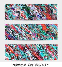 Abstract vector banner template. Watercolor texture vibrant colored background. Visual computer filtered gradient wavy diagonal lines. Dynamic paint flow marble texture pattern. Psychedelic art design