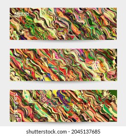 Plantilla de banner vector abstracto. Textura acuarela fondo de color vibrante. Líneas diagonales de degradado onduladas filtradas por el equipo visual. Patrón de textura de mármol de flujo dinámico de pintura. Diseño de arte psicodélico
