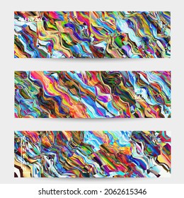 Abstract vector banner template. Watercolor texture vibrant colored background. Visual computer filtered gradient wavy diagonal lines. Dynamic paint flow marble texture pattern. Psychedelic art design