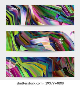 Resumen de plantillas de banner vectorial. Patrón diagonal geométrico de color vibrante. Luz polarizada en la vista microscópica de las estructuras de cristal. Fondo de textura artística multicolor filtrado por computadora dinámica