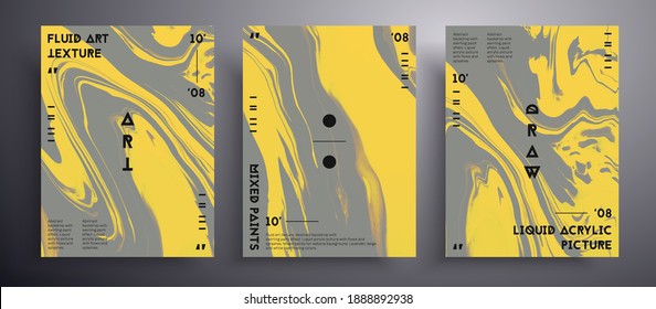 Abstract vector banner, texture collection of fluid art covers. Beautiful background that applicable for design cover, poster, brochure and etc. Trendy colors of 2021 year - gray and yellow.