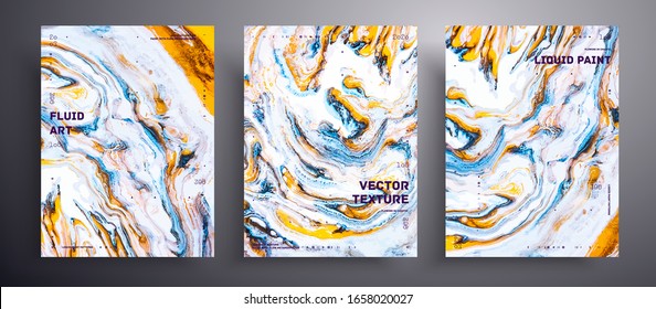 Abstract vector banner, texture pack of fluid art covers. Beautiful background that can be used for design cover, poster, brochure and etc. Blue, golden and white unusual creative surface template