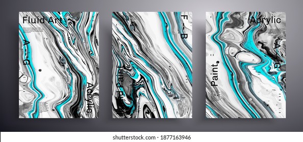 Abstract vector banner, texture pack of fluid art covers. Beautiful background that applicable for design cover, invitation, flyer and etc. Black, white and blue creative iridescent artwork.