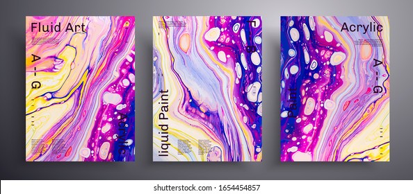 Abstract vector banner, texture set of fluid art covers. Trendy background that applicable for design cover, poster, brochure and etc. Yellow, purple, blue, pink and white creative iridescent artwork