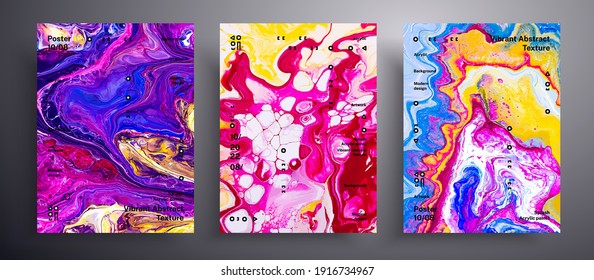 Abstract vector banner, texture set of fluid art covers. Beautiful background that can be used for design cover, poster, brochure and etc. Pink, purple and yellow universal trendy painting backdrop.