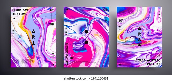 Abstract vector banner, texture set of fluid art covers. Trendy background that can be used for design cover, invitation, flyer and etc. Pink, lavender, yellow and white creative iridescent artwork.