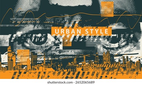 Abstract vector banner with urbanism and street art theme against the background of big city architecture, pixels, newspaper clippings and a human face with eyes. T-shirt design. No ai used