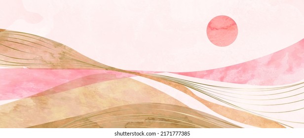 Abstract vector banner in watercolor style with mountains and hills. Landscape art background with golden lines for wallpaper design, wall decor, interior design, web