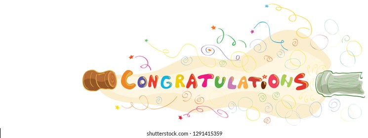 abstract vector banner with the words flying out with a cork from the bottle / enchanting congratulations