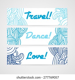 Abstract vector banner with zentangle ornament in blue colors.