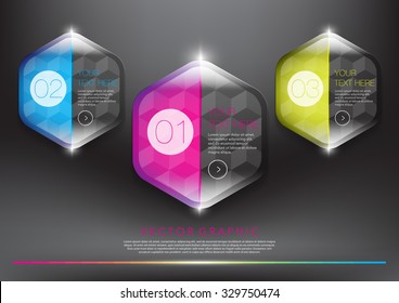 Abstract vector banners set of 3. Hexagonal glass banners. Transparent and isolated on the black panel. 3 parts concept. Vector illustration.  Eps10