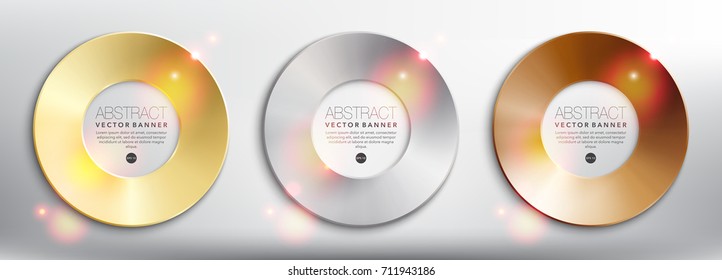 Abstract vector banners set of 3. Gold, bronze and silver disks. Isolated on the white background. Each item contains space for own text. Vector illustration. Eps10.