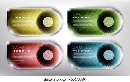 Abstract vector banners set of 4. Isolated with realistic, transparent glass shine and shadow on the light background. Each item contains space for own text. Vector illustration. Eps10.