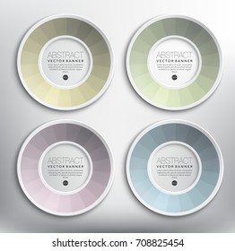 Abstract vector banners set of 4. Round paper rings with circular design. Isolated on the white background. Each item contains space for own text. Vector illustration. Eps10.