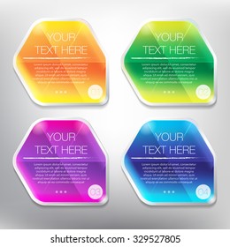 Abstract vector banners set. Colorful, glossy and transparent on the white panel. 4 parts concept. Vector illustration. Eps10.