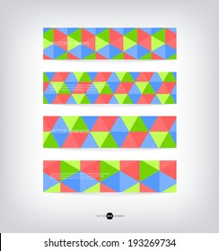 Abstract vector banners with trendy multicolored triangular pattern. Modern polygonal background. Colorful mosaic. Pink, blue and green