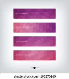 Abstract vector banners with trendy purple triangular pattern. Modern polygonal background. Colorful mosaic.