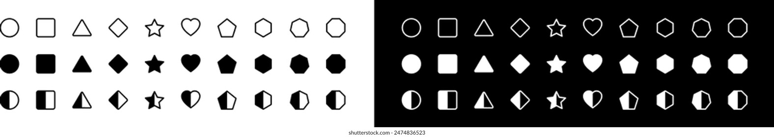 Abstract and vector basic shapes collection. Geometric formal shape. minimalist basic figure, Polygonal elements. Trendy diamond, circles, hexagon, star, triangle flat style. Vector illustration