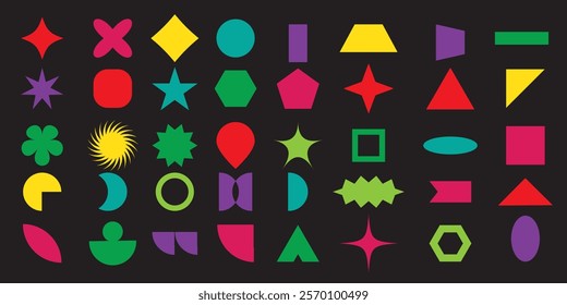 Abstract and vector basic shapes collection. Geometric formal shape. Polygonal elements. Trendy minimalist basic figure, diamond, circles, hexagon, star, triangle flat style.1176