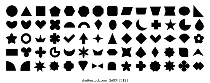 Abstract and vector basic shapes collection. Polygonal elements. Geometric formal shape. Trendy minimalist basic figure, diamond, circles, hexagon, star, triangle flat style. Vector illustration
