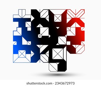 Abstract vector Bauhaus geometric background, tech engineering look like shapes and lines composition, mechanical engine industry style, red black and blue.