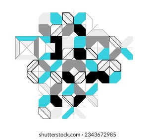 Abstract vector Bauhaus geometric background, tech engineering look like shapes and lines composition, mechanical engine industry style, network and digital data.