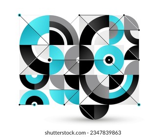 Abstract vector Bauhaus geometric background, network and digital data composition, mechanical engine industry style, tech engineering look like shapes and lines.