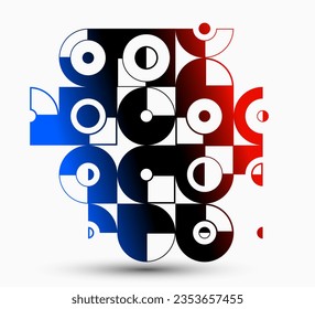 Abstract vector Bauhaus geometric background, tech engineering look like shapes and lines composition, mechanical engine industry style, red black and blue.