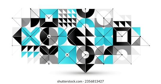 Abstract vector Bauhaus geometric background, network and digital data composition, mechanical engine industry style, tech engineering look like shapes and lines.