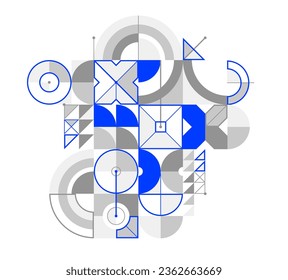 Resumen vector Bauhaus fondo geométrico, ingeniería tecnológica se parece a la composición de formas y líneas, estilo de la industria del motor mecánico, red y datos digitales.