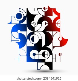 Abstract vector Bauhaus geometric background, tech engineering look like shapes and lines composition, mechanical engine industry style, red black and blue.