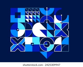 Abstract vector Bauhaus geometric background, network and digital data composition, mechanical engine industry style, tech engineering look like shapes and lines.