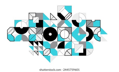 Abstract vector Bauhaus geometric background, tech engineering look like shapes and lines composition, mechanical engine industry style, network and digital data.