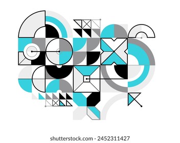 Abstract vector Bauhaus geometric background, tech engineering look like shapes and lines composition, mechanical engine industry style, network and digital data.