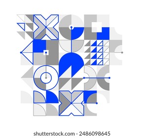 Abstract vector Bauhaus geometric background, tech engineering look like shapes and lines composition, mechanical engine industry style, network and digital data.