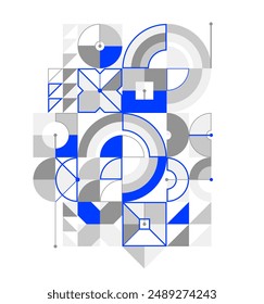 Abstract vector Bauhaus geometric background, tech engineering look like shapes and lines composition, mechanical engine industry style, network and digital data.