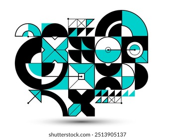 Abstract vector Bauhaus geometric background, tech engineering look like shapes and lines composition, mechanical engine industry style, network and digital data.