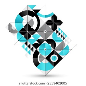 Abstract vector Bauhaus geometric background, network and digital data composition, mechanical engine industry style, tech engineering look like shapes and lines.