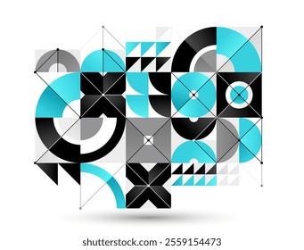 Abstract vector Bauhaus geometric background, network and digital data composition, mechanical engine industry style, tech engineering look like shapes and lines.