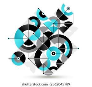 Abstract vector Bauhaus geometric background, network and digital data composition, mechanical engine industry style, tech engineering look like shapes and lines.