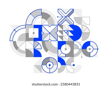 Abstract vector Bauhaus geometric background, tech engineering look like shapes and lines composition, mechanical engine industry style, network and digital data.