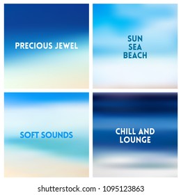 Abstract vector beach blurred background set. 4 colors set. Square blurred sea backgrounds set - sky clouds sea ocean beach colors With love quotes