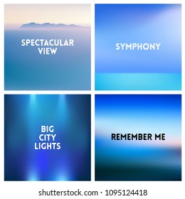 Abstract vector beach blurred background set. 4 colors set. Square blurred sea backgrounds set - sky clouds sea ocean beach colors With love quotes
