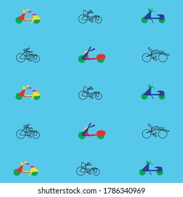 Abstract vector of bikes and scooters  pattern on a blue background.