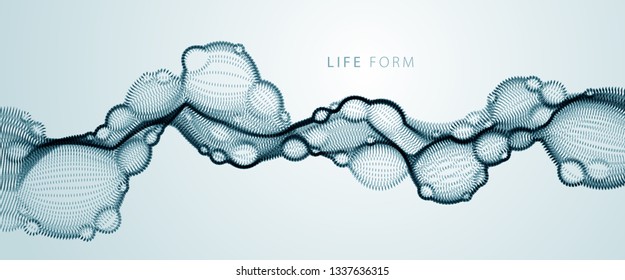 Abstract vector biological fluid, dotted horizontal vector particle flow shape, nano medical technology, microbiology science fiction theme illustration.