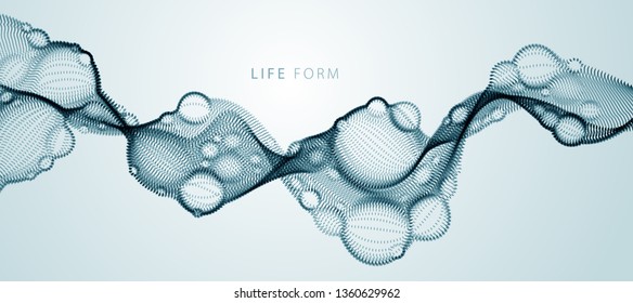 Abstract vector biological fluid, dotted horizontal vector particle flow shape, nano medical technology, microbiology science fiction theme illustration.