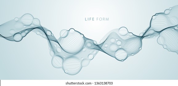 Abstract vector biological fluid, dotted horizontal vector particle flow shape, nano medical technology, microbiology science fiction theme illustration.