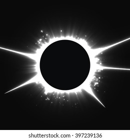 Abstract vector black background with planet and eclipse of its star. Bright star light shine from the edges of a planet. Sparkles of stars on the background. 