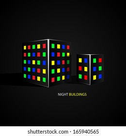 Abstract vector black building with varicolored windows.